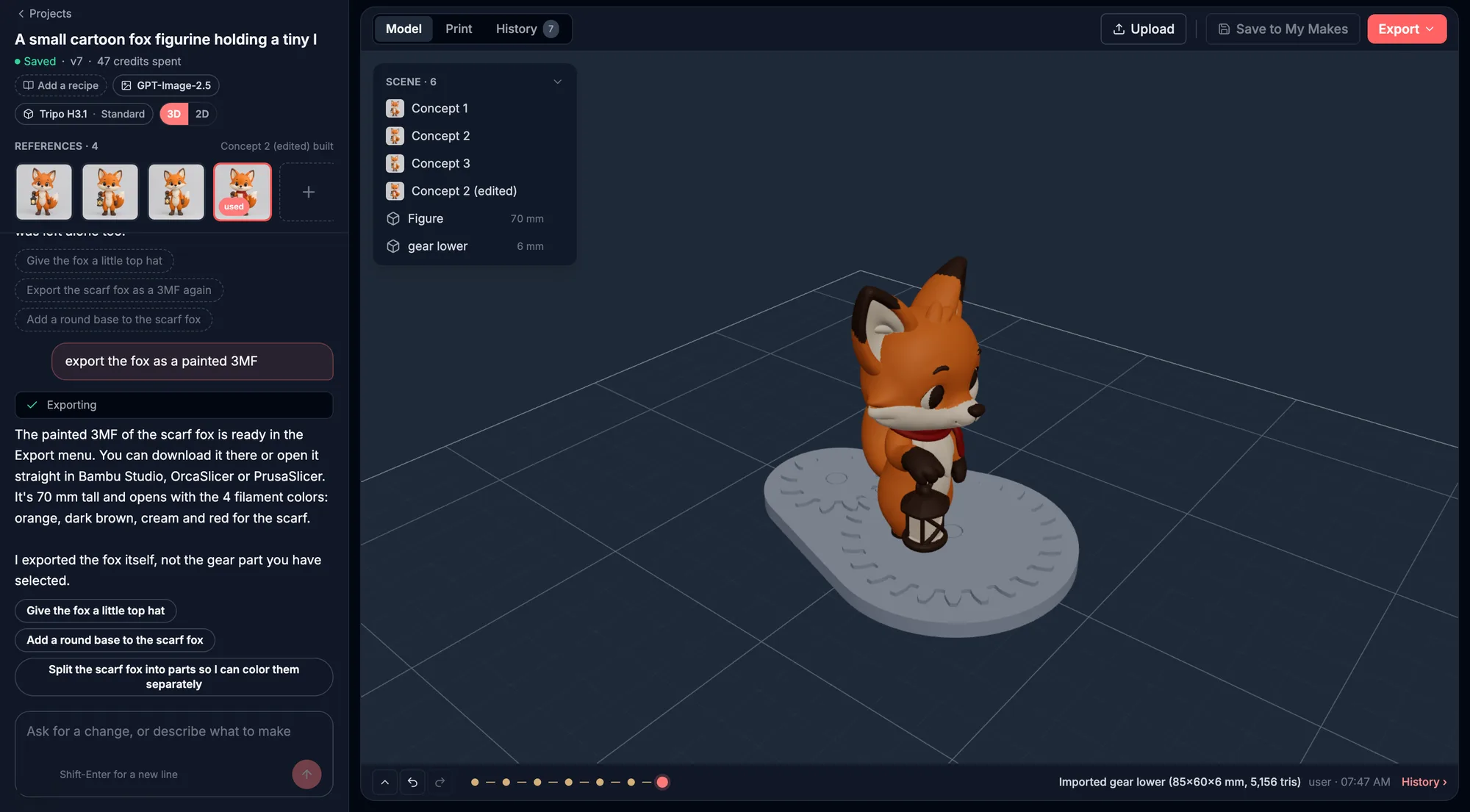 Makerful Studio: the chat on the left and a fox figurine on its base in the 3D workspace